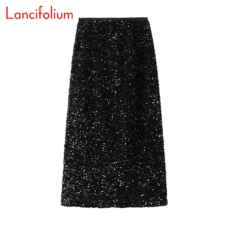 Jupe mi-longue à paillettes pour scène d'été et d'automne, jupe à jambe droite fendue au dos pour femmes, jupes crayon moulantes à taille élastique Vintage noires