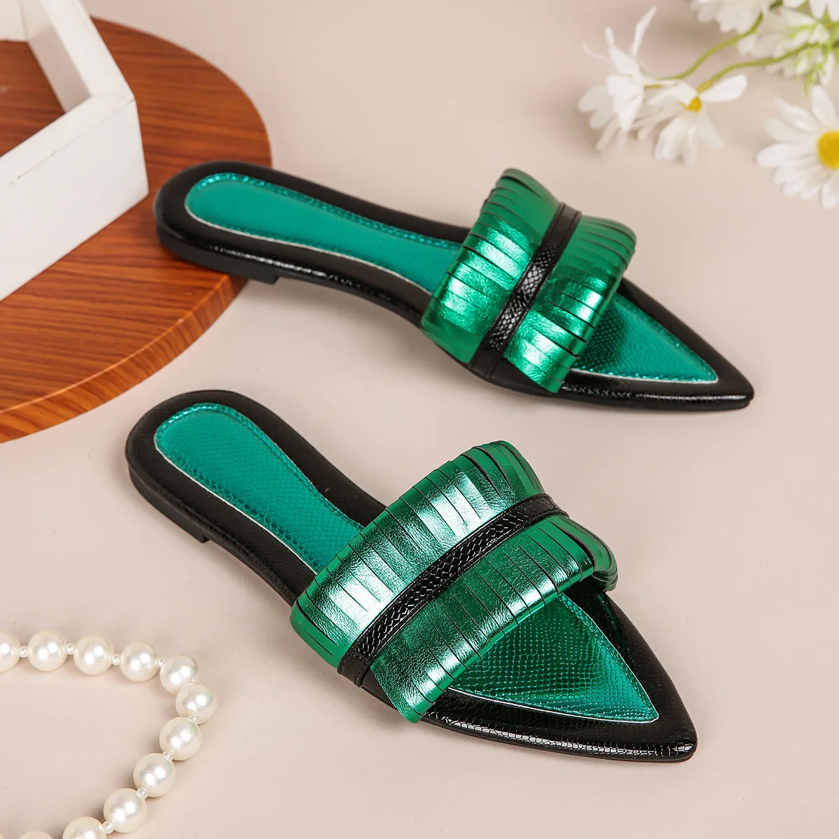 

Jinxixi Hot Selling Summer Sandals Flat Slide Women's Slippers Pointed Toe Gold Green Leather Comfortable Outdoor Beach Footwear