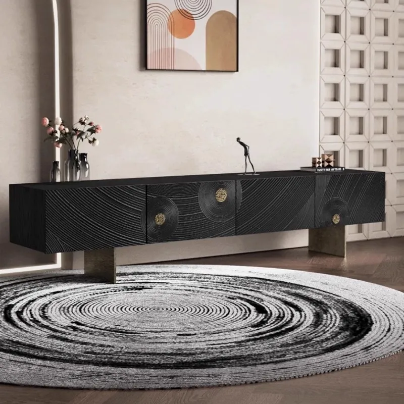 Retro style industrial style light luxury minimalist modern solid wood carving flower TV cabinet