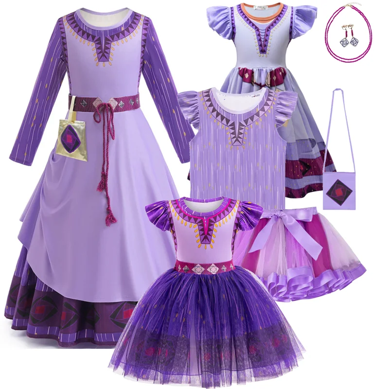 

Toddler Wish Asha Cosplay Costume Purple Print Princess Dress+Earrings+Necklace For Girls Carnival Halloween Birthday Outfits