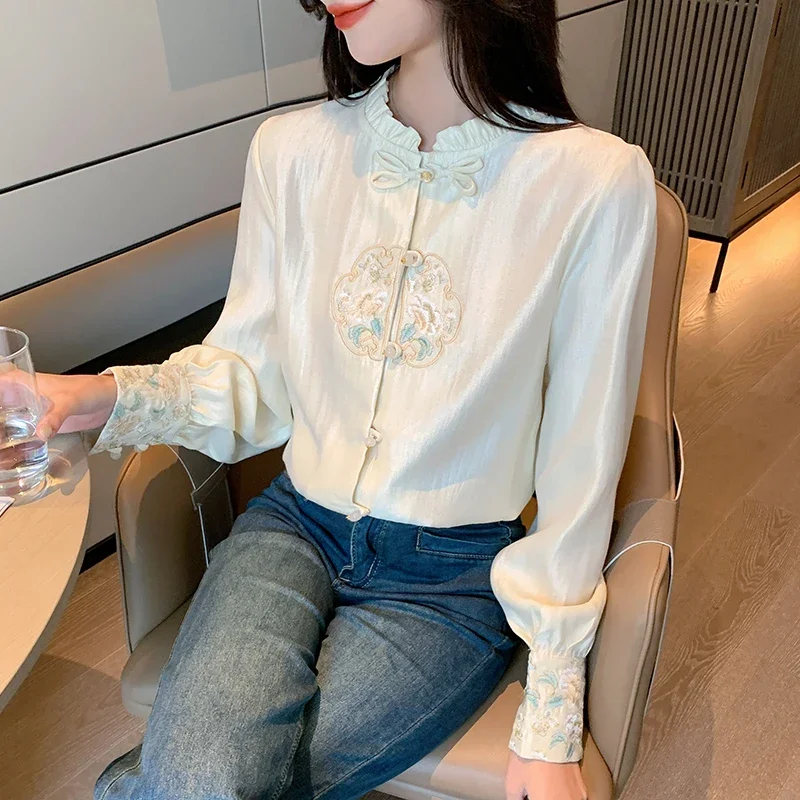 

2024 New Autumn Niche and Unique Style Embroidered Ethnic Style Long-sleeved Temperature High-end Top Shirt for Women