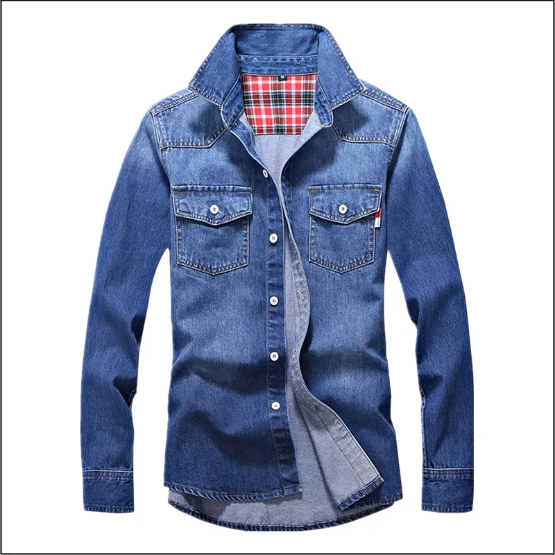Spring Men's Denim Shirt High Quality Solid Color Washed Denim Coats Business Casual Long Sleeved Men Shirts 4XL Men Clothing