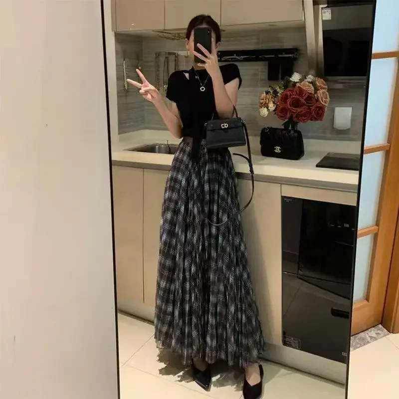 High Waist Plaid Tulle A-Line Maxi Skirt Women Wrinkle-resistant Breathable Casual Long Skirt