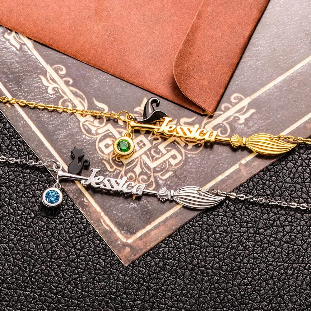 

Europe and America Gold Color Flying Broom Green Zircon Embellished Witch Hat Necklace UNISEX Halloween Happy Party Necklace