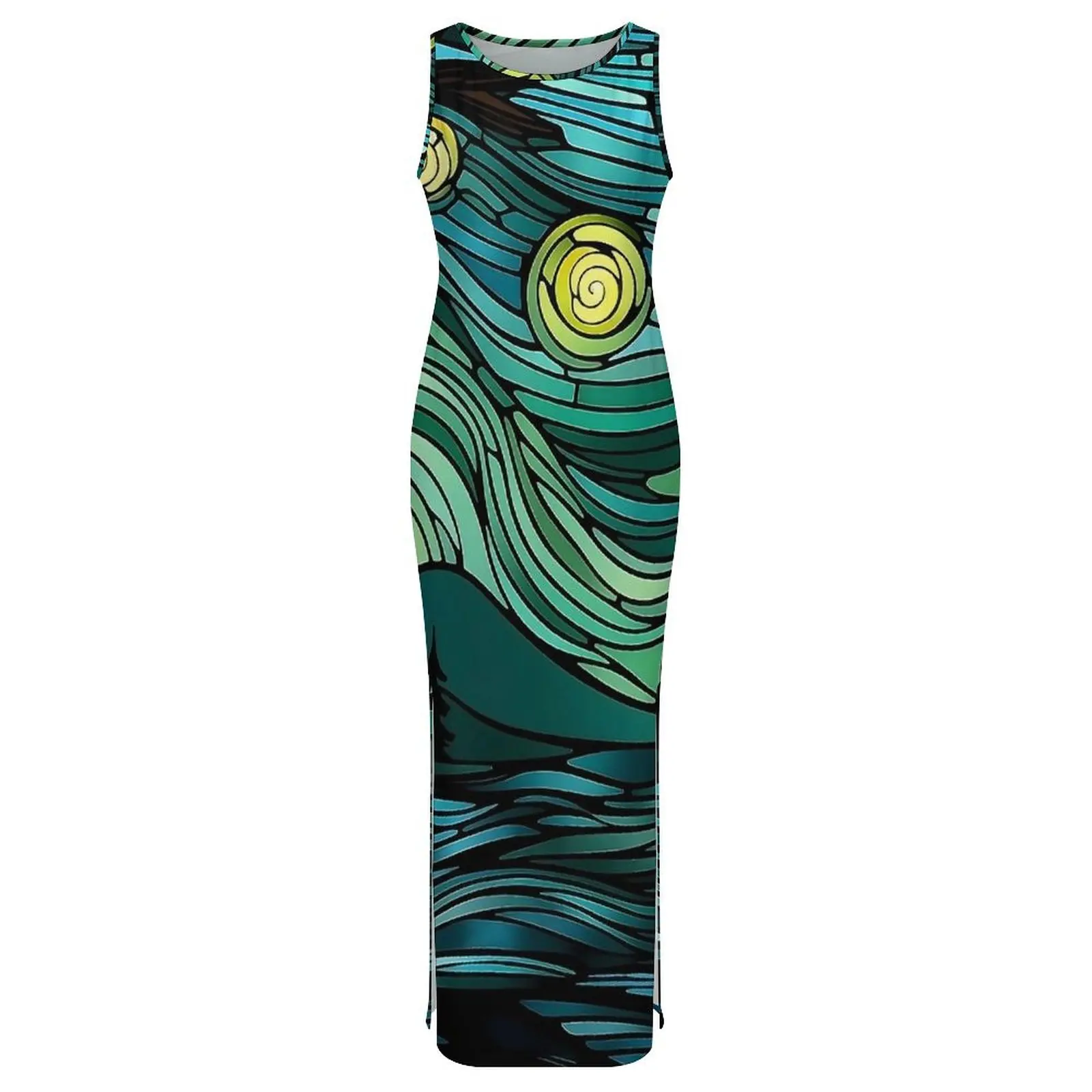 บทคัดย่อ Starry Night พิมพ์ชุดเข้ารูปฤดูใบไม้ผลิชุด Maxi ที่สง่างามผู้หญิงแขนกุดออกแบบสบายๆ Y2k ชุดขนาดใหญ่ 3XL 4XL