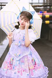 Manor Style Sweet Girl Cosplay Lolita Jsk Cute Candy Love Apron Print Kawaii Bear Lace Bow Star Button Polka Dot Ruffle Dress