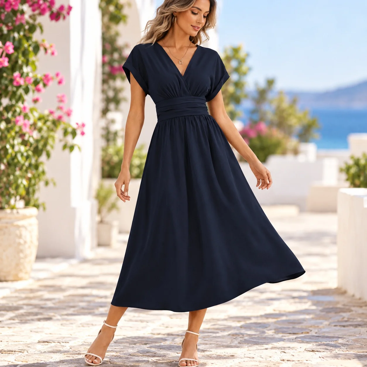 V Neck Pull on Dress a Line Elegant with Batwing Sleeve Maxi Length Refined Commuter Short Sleeve Summer Date Dresses for Women