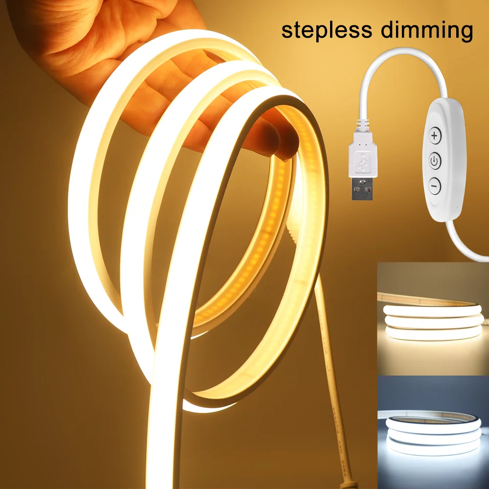 Waterproof COB LED Strip USB 5V 320LEDs/m Flexible Neon Lights Stepless Dimming High Density Linear Ribbon Tape with Switch