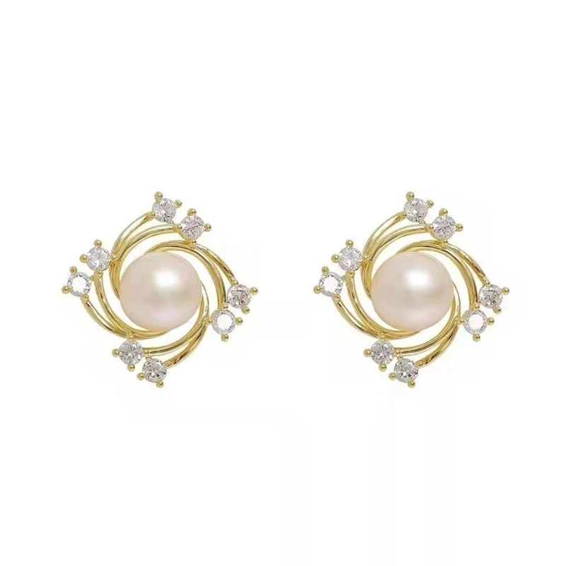 Orange White Imitation Pearl Stud Earrings for Women Crystal Rhinestones Charms Jewelry 2024 Korean New Fashion Accessories