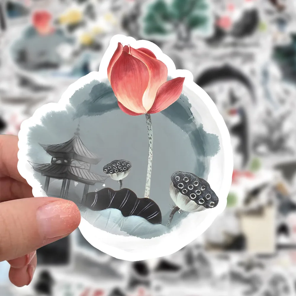63PCS Ancient Style Ink Wash Stickers - Elegant Chinese Art for Decorating Notebooks, Phones & DIY Projects AnimeWorlds Store