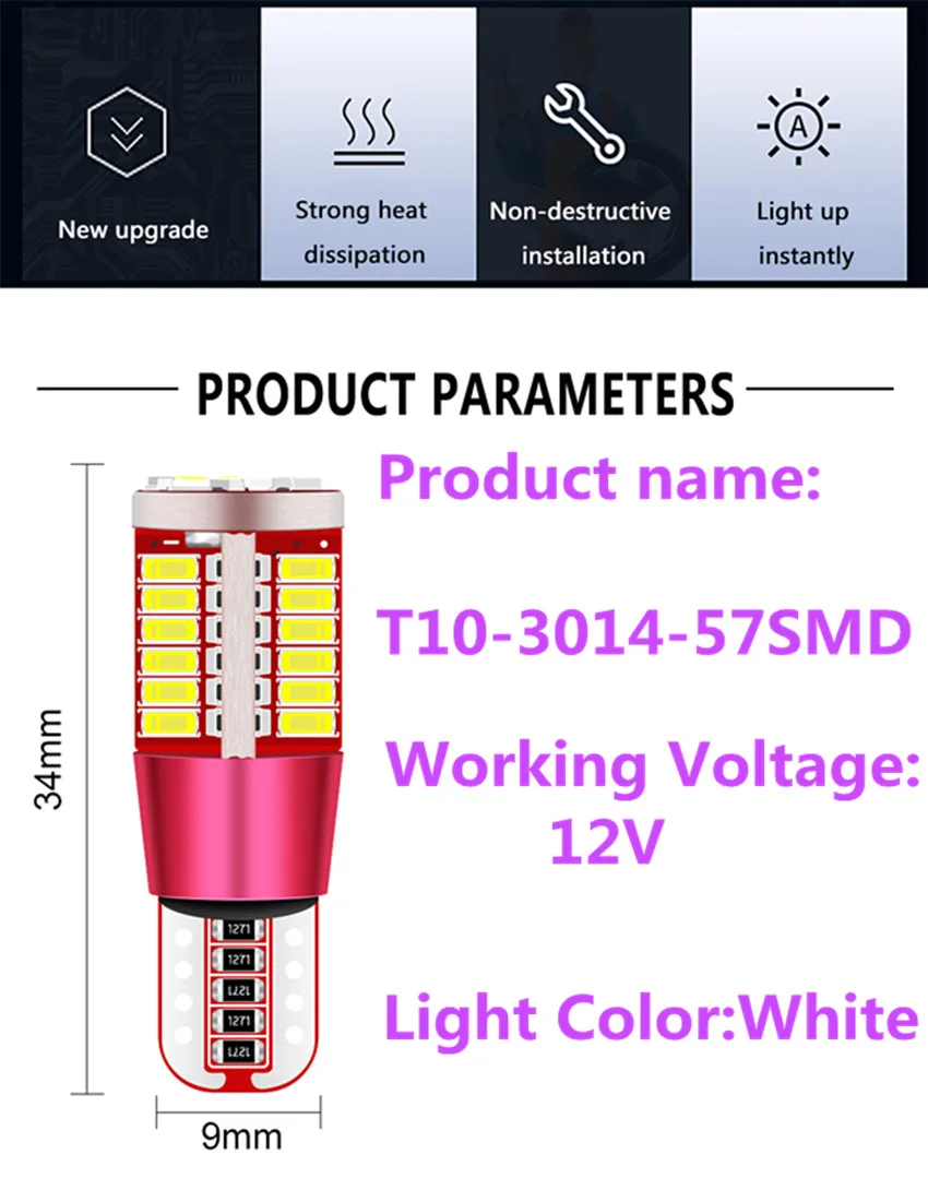 

200PCS T10 3014 57 SMD No Error W5W LED Canbus Car Marker Light 168 192 Parking Lamp Motor Wedge Bulb White