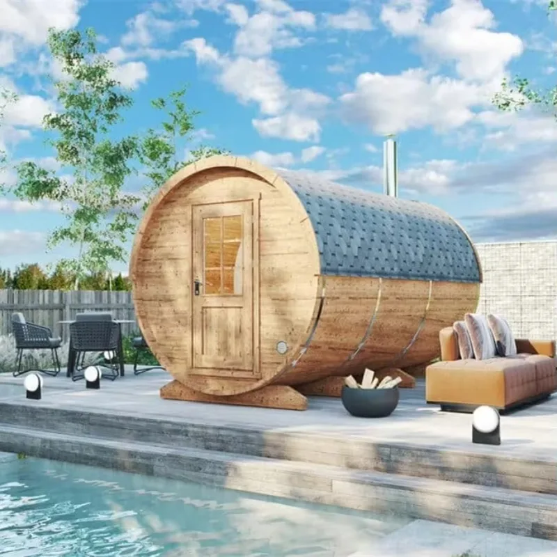 Salón de sauna de barril de madera al aire libre, Saunas de madera tradicionales de jardín canadiense Hemlock para 4-6 personas con dosel