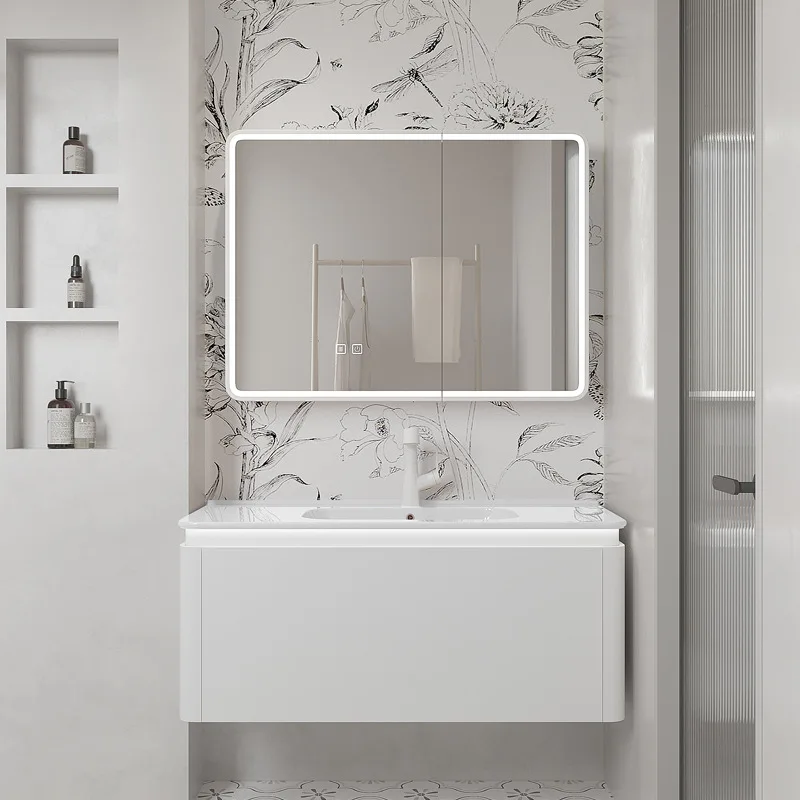 خزانة حمام من الخشب الصلب بتصميم كريمي أبيض وخالية من الطلاء، حوض متكامل من السيراميك، مرآة ذكية، حوض غسيل من الخشب الصلب متعدد الطبقات