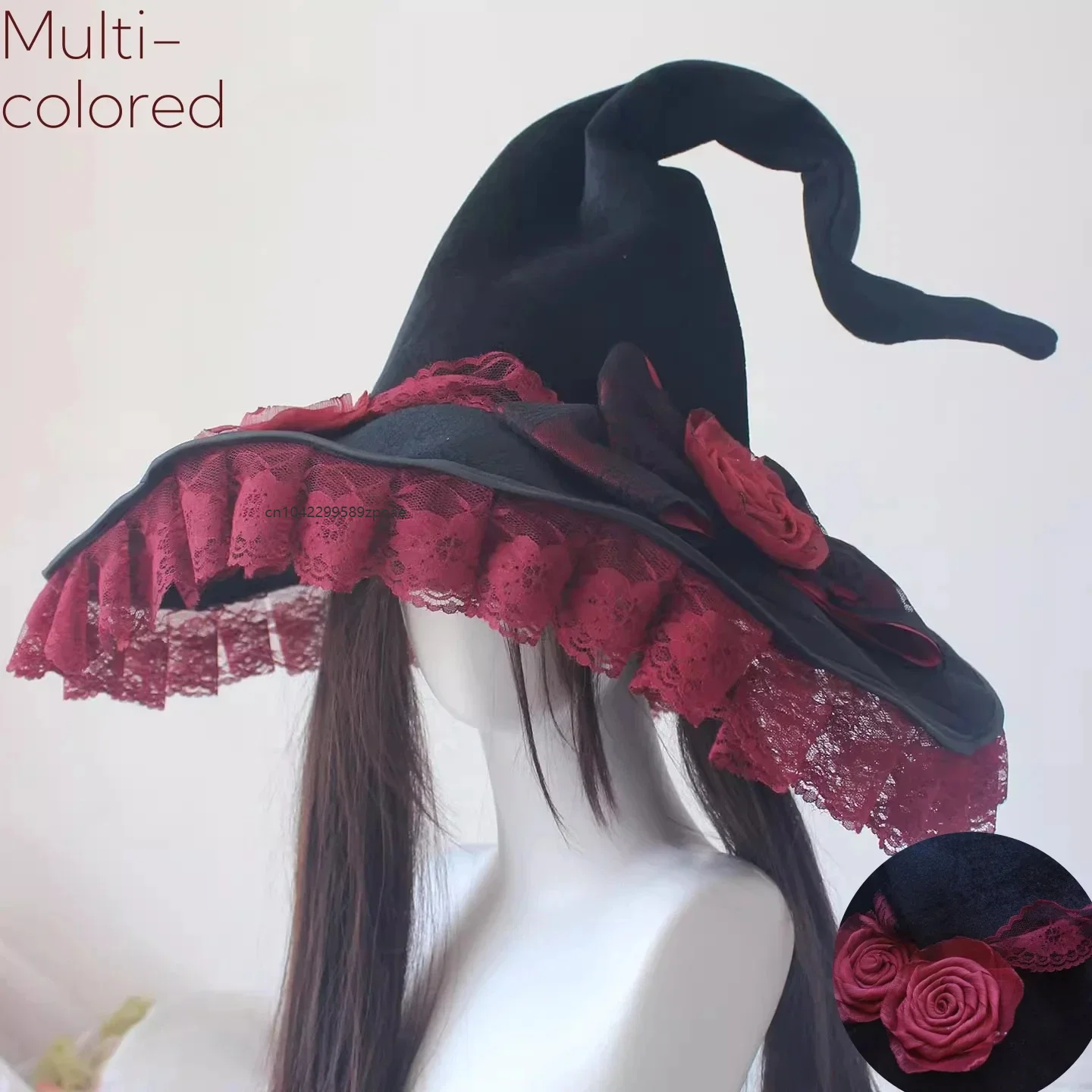 Retro Handmade Gothic Rose Lace Witch Pointed Hat Multi Colored Large Magic Hats Halloween Lolita Cosplay Flat Wizard Headwear