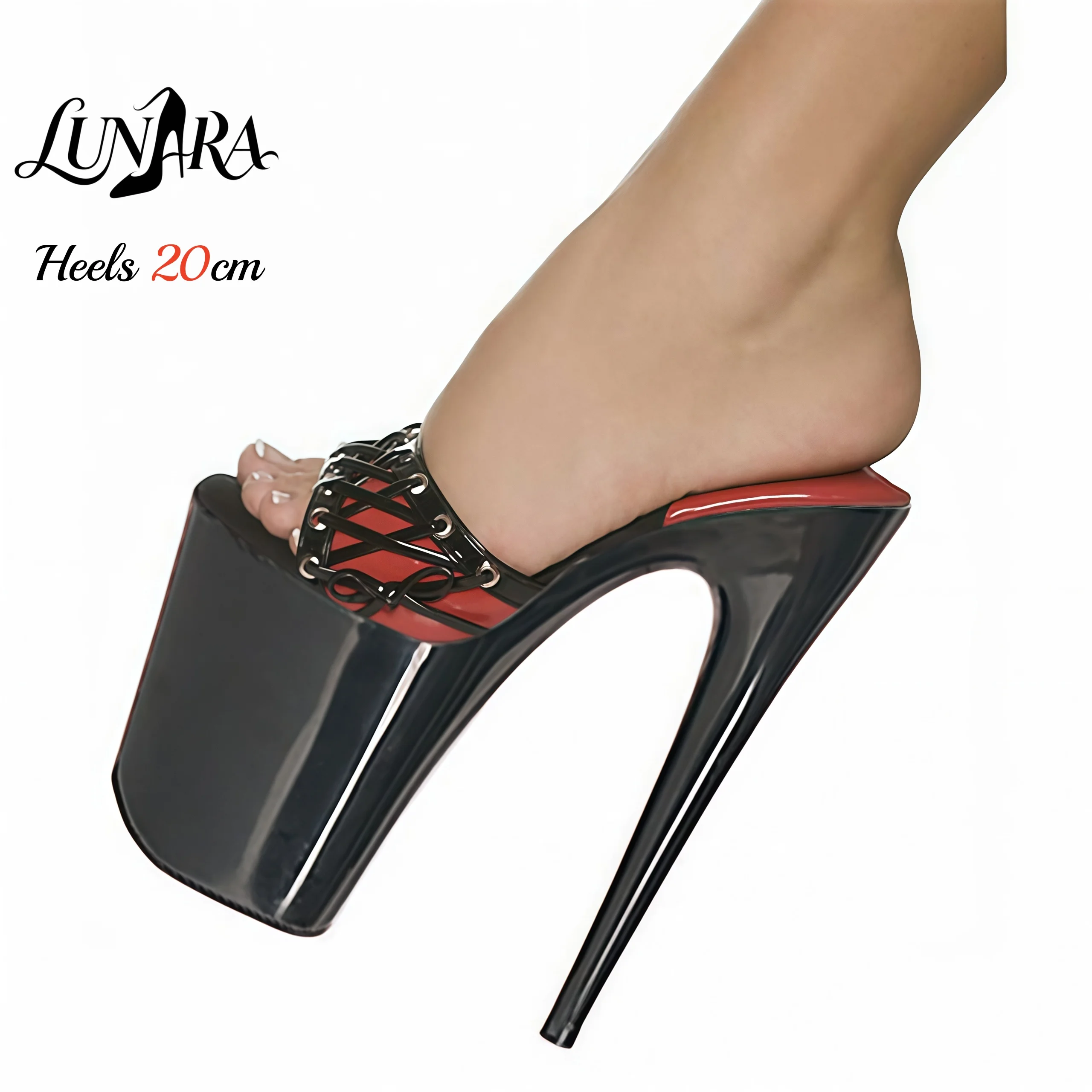 Runway Womens 20cm/8Inch Black Red Patent Lace-up Backless Mules Open Toe Platform Stilettos Stripper Pole dance Nightclub Rave