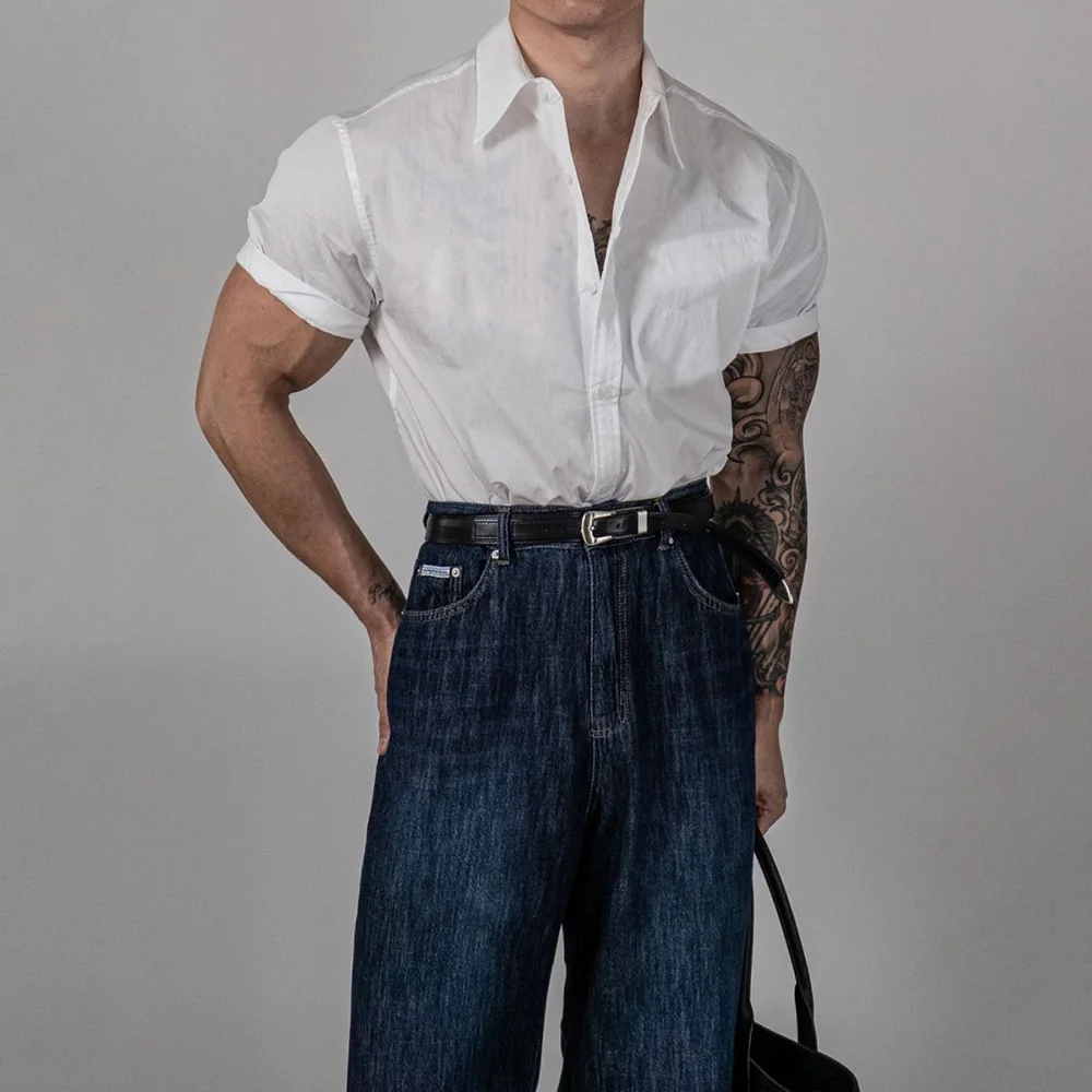 Mens Shirt Casual Slim Fit Top Breathable Thin Gym Fitness Solid Color Versatile Simple Shirt Men'S Clothing 2024 Summer New