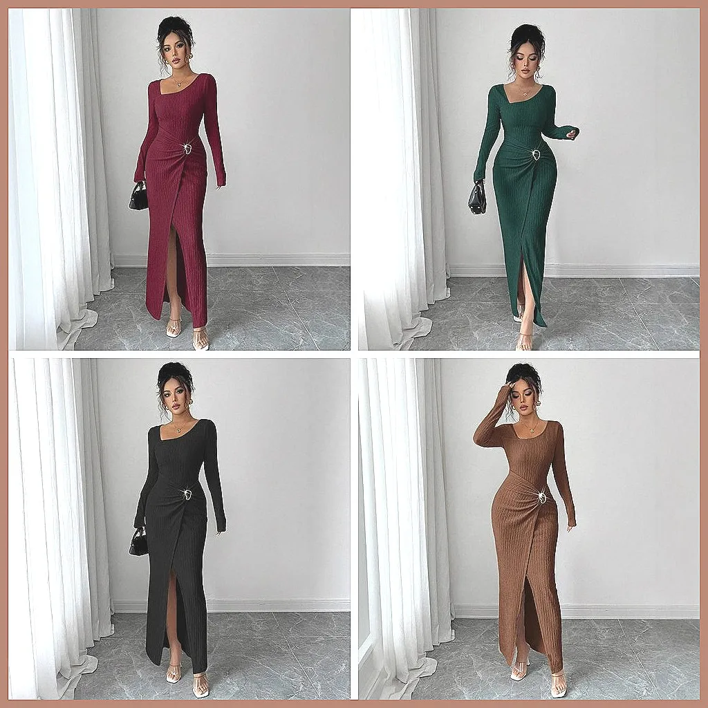 Women's Ribbed Bodycon Maxi Dress, Sexy High Waist Knitted Gown with Irregular Neckline, Solid Color Elegant Long Dress