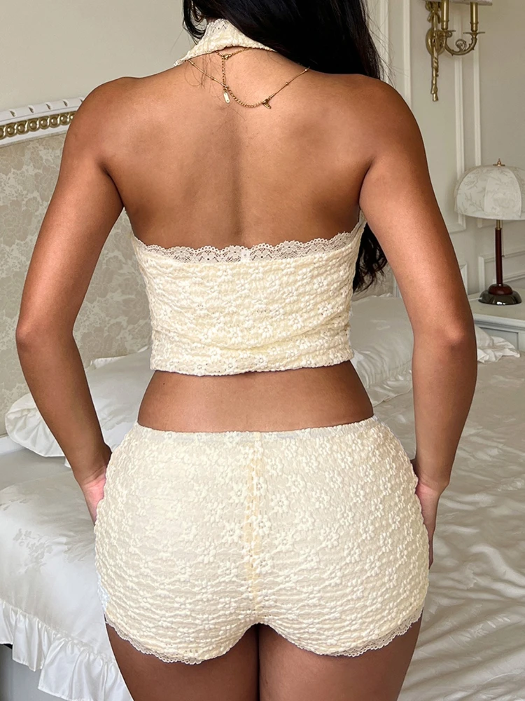 SsTss Słodki Komplet Dwuczęściowy z Koronkową Kokardą Damski Letni Seksowny Top typu Halter z Dekoltem w Serek Bez Rękawów z Odkrytymi Plecami i Szorty Seksowny Strój