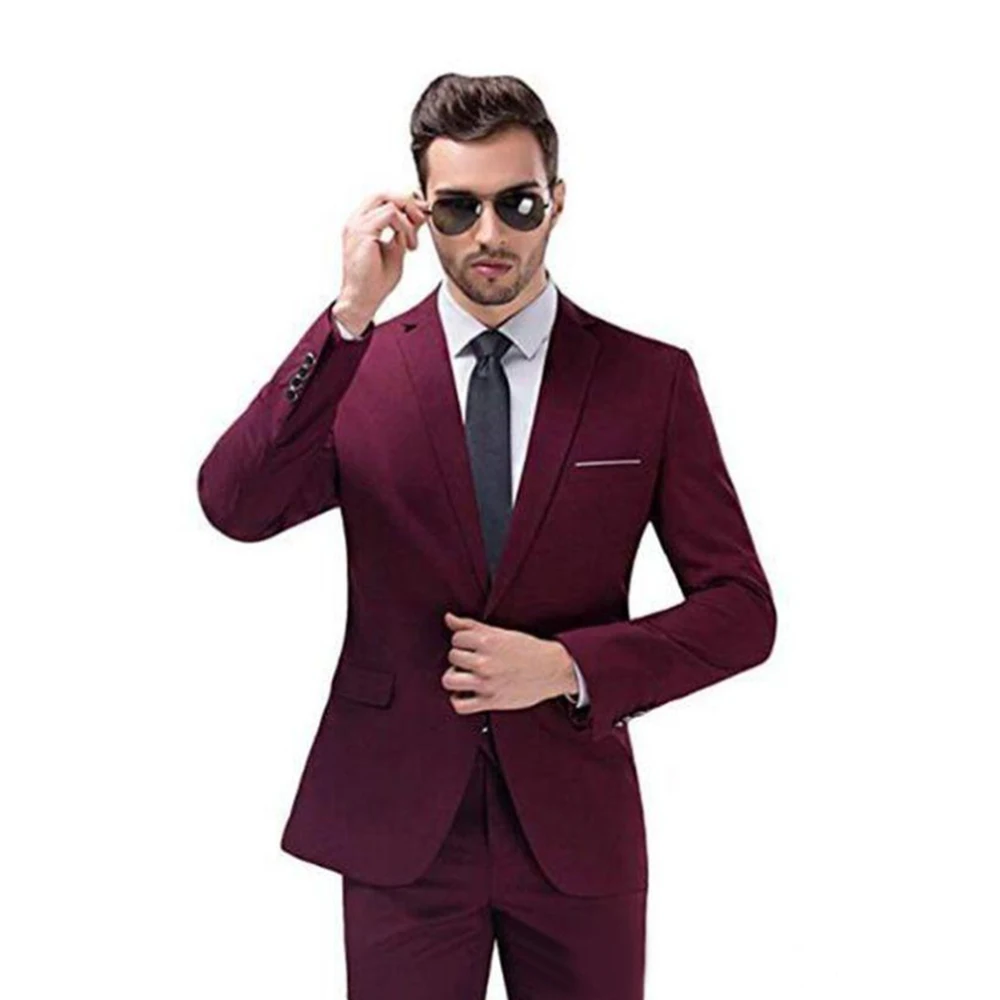 Burgundy Men Suit Two-pieces (Jacket+Pants) Formal Notch Lapel Single Breasted Wear Fashion High-quality Male Clothing Slim