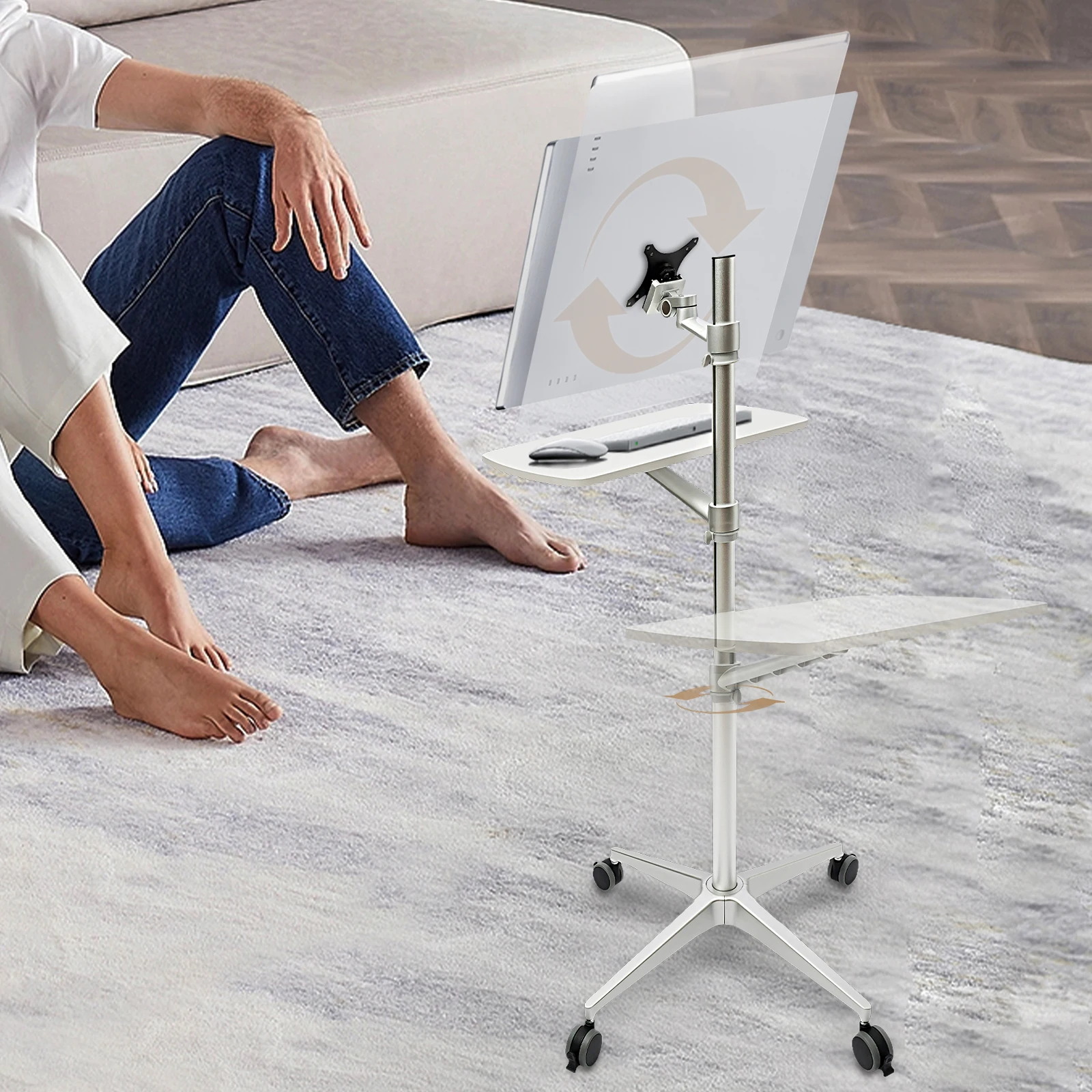 

Mobile Desk Workstation, Rolling Laptop Floor Stand, Height Adjustable, Compatible, Maxload 11.02lbs, 4 Lockable Wheel