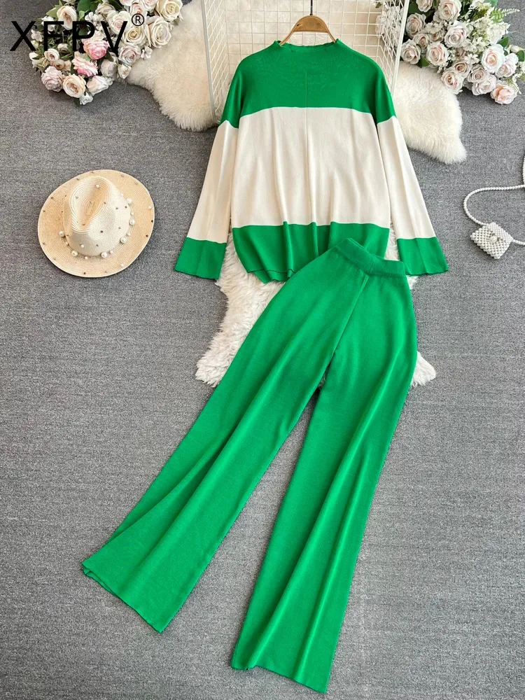 

BabYoung Women's Loose Stand Neck Striped Knit Top Two Piece Set High Waist Straight Wide Leg Pants Korean Autumn 2023