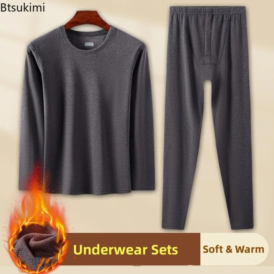 New Autumn and Winter Men's Round Neck Thermal Underwear Sets Solid Comfortable Keep Warm Men Fleece Thickened Long Johns Sets