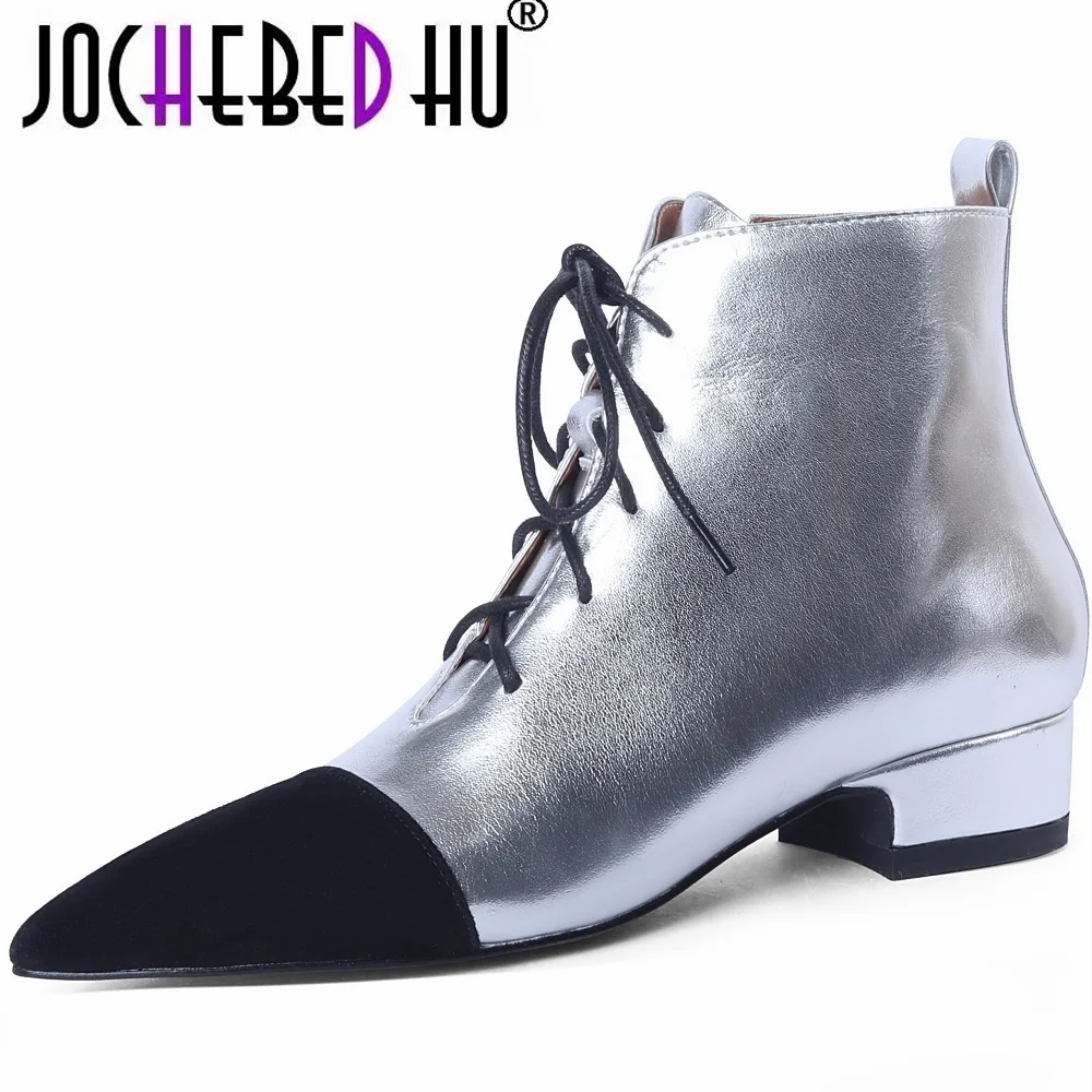 

【JOCHEBED HU】Women Genuine Leather Ankle Boots Kid Suede Thin High Heel Pointed Toe Boots Zipper Lace Up Ladies Boots 33-40