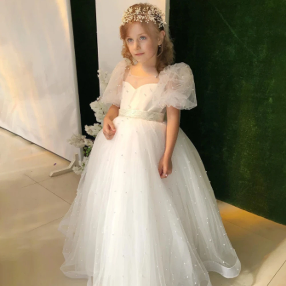 

Tulle Lace Printing Champagne Pearl Bow Princess Flower Girl Dresses Wedding Party Dance Pageant First Communion Gowns