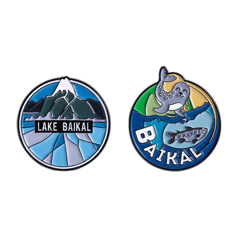 Imágenes de paisajes de lago y montaña de dibujos animados, insignias redondas, alfileres de aleación de la serie Baikal Lake, accesorios para bolsos de ropa, regalos