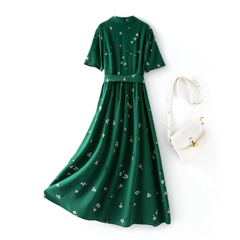 2023 Women's Summer New Style Suit Collar Silk Dress Loose Waist 100%Natural Mulberry Silk Short Sleeve Fragmented Flower Dress