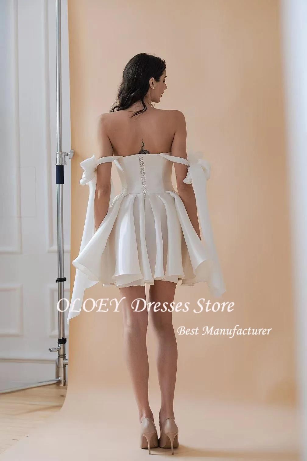 OLOEY ミニウェディングドレス 2025 Aライン花嫁ドレス ベスティドス・デ・ノビア アイボリーガウン バックレースアップ カクテルドレス