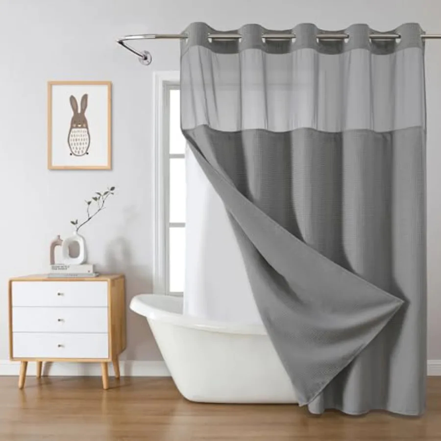 

Grey No Hook Waffle Weave Shower Curtain with snap-in Liner Replacement, 230GSM Waterproof Fabric Hotel Shower Curtain Set for