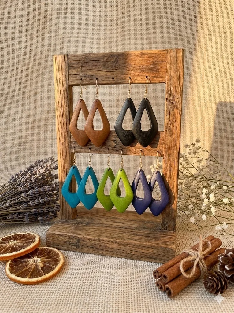 5 Paar/Set, Damen-Ohrringe, farbenfrohes geometrisches rautenförmiges hohles Holz-Ohrring-Set, einfache Retro-Festival-Ohrringe im böhmischen Ethno-Stil, geeignet für den täglichen Gebrauch, Urlaub,