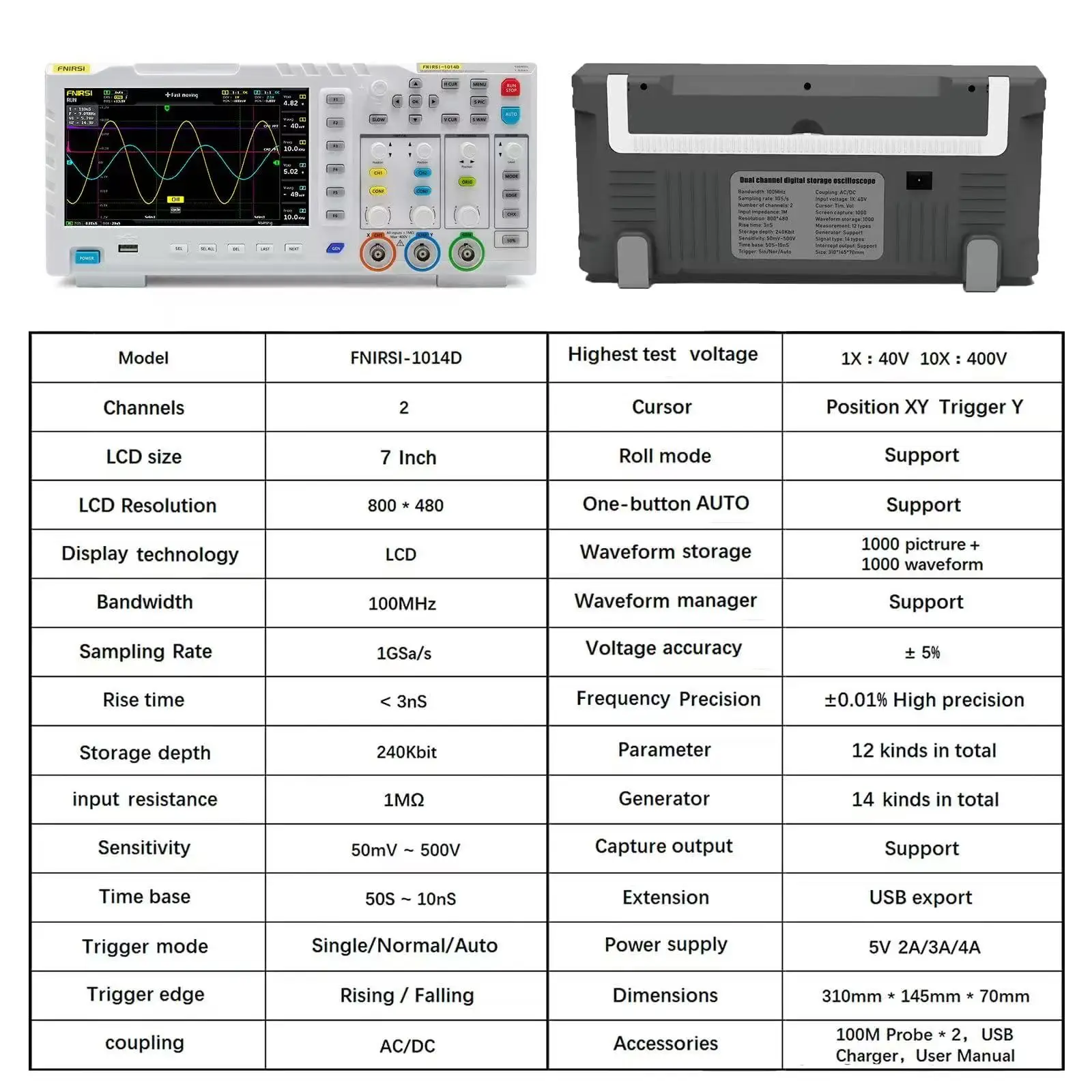 1014D Digital Oscilloscope DDS Signal Generator, 2-in-1 Design, 100X High Voltage Probe, Dual Channel 100MHz Bandwidth, 1GSa/s