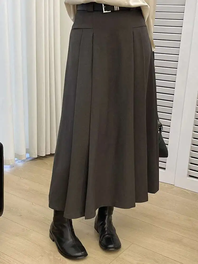 

High Waist Brown Pleated Belted Elegant Midi A-line Half-body Skirt Women Fashion Tide New Spring Autumn