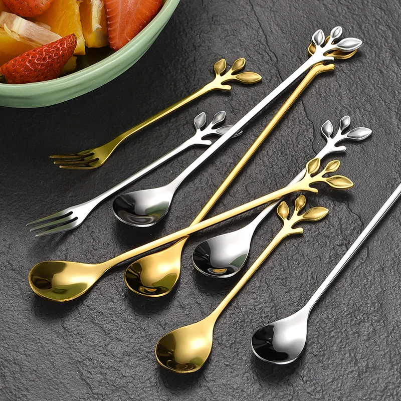 6PCS Creative Personality Stainless Steel Gold Spoons Tree Leaf Spoon Coffee Spoon Tea Spoon Home Restaurant Dessert Cutlery Set