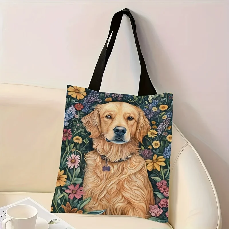 1pc Golden Retriever Floral Print Reusable Tote Bag High Quality Large Capacity Shoulder Bag For Shopping Work Handbag