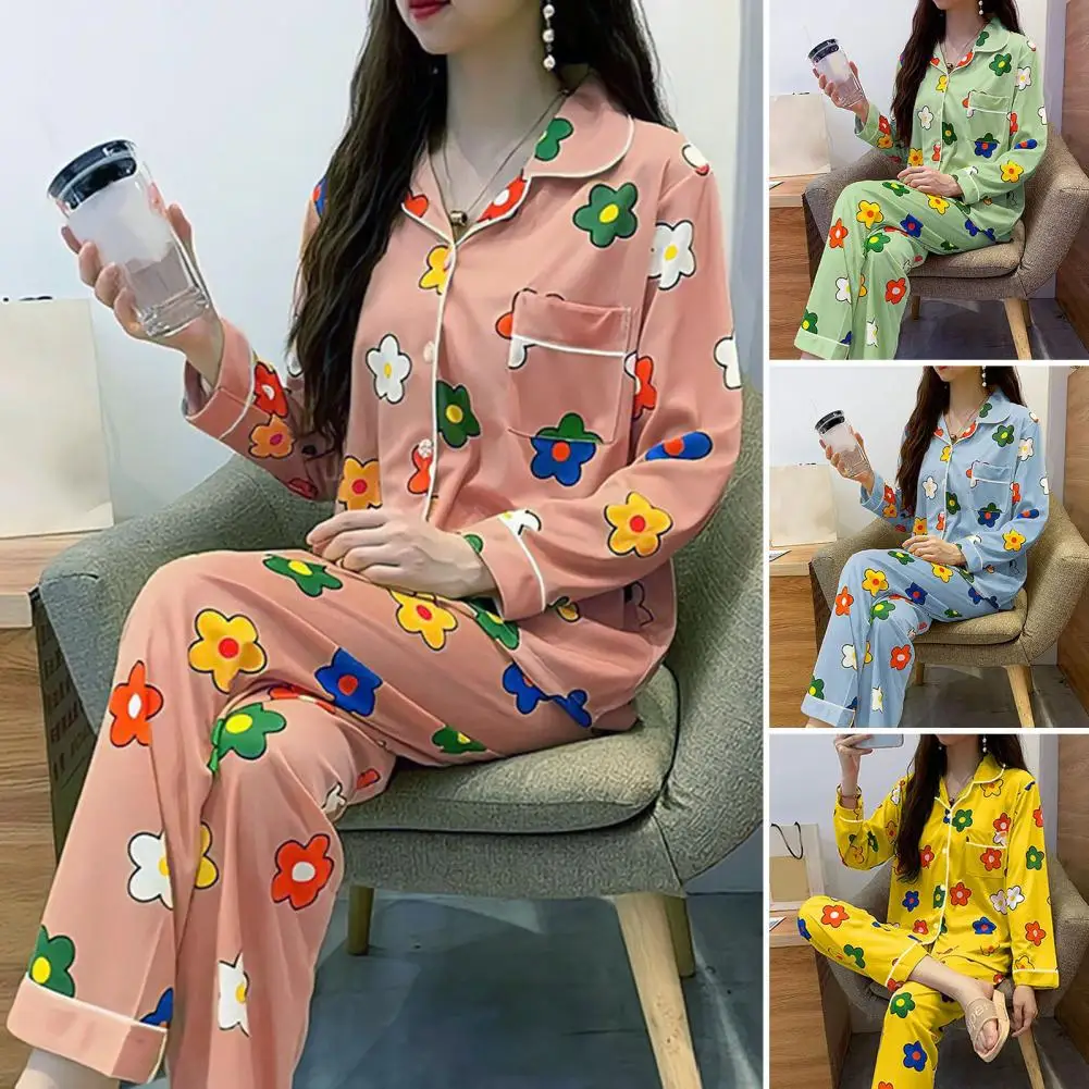 Milk Silk Loungewear Lady Loungewear Set Colorful Cartoon Flower Printed Satin Pajama Set for Women Long Sleeve Top Home Wear