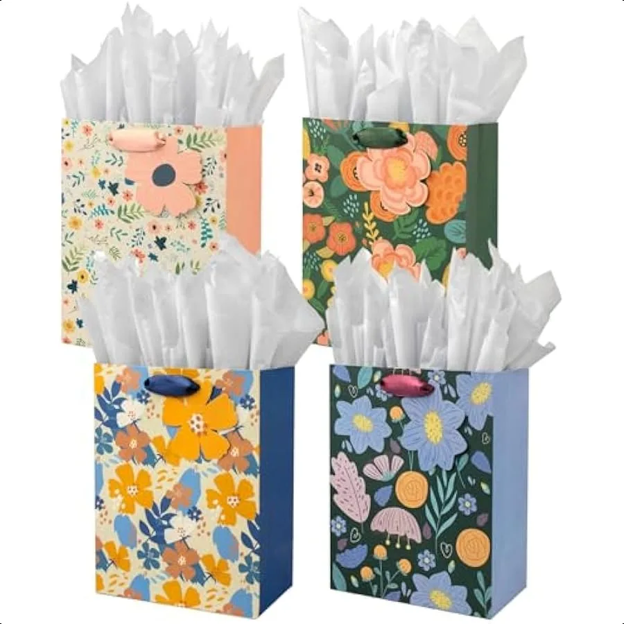 

Floral Gift Bags with Tissue Paper Gift Bags for Valentines Day Party Wedding Bridal Shower Gift Bags with Handles Women Birthd