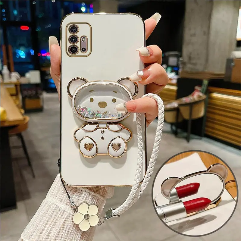 Flower Mirror Bear Plating Case For Motorola Moto G8 G9 G50 G30 G20 G10 G40 G60S G22 G23 G52 G53 G73 G60s E6S E7 Power Cover