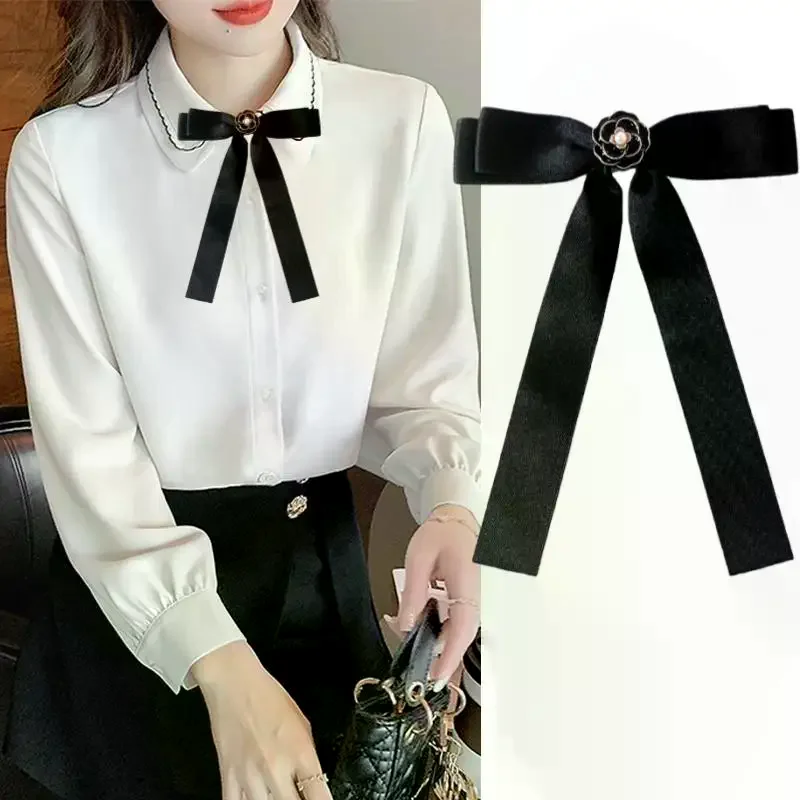Temperament Black White Camellia Bow Brooch Mourning Corsage Pin Bowknot Neck Tie Brooch Shirt Collar Accessories For Woman