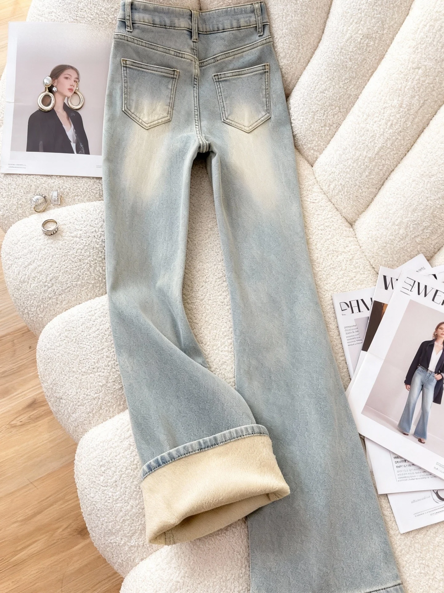 

Thiened Fce Lined Bootcut Jeans Women's Winter plus Size High Waist Cover Hip Small Size Elastic Flared Pants