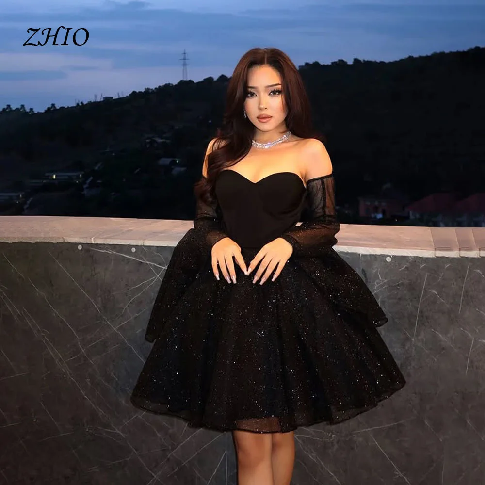 

ZHIO Glitter Black Short Evening Dresses Sweetheart A-Line Flare Sleeves Prom Dresses Formal Occasion Prom Gowns 2025 Women