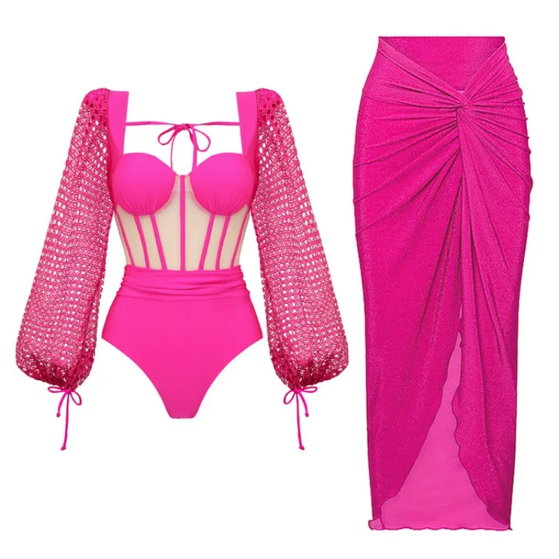 One Piece Swimsuit For Women Foreign Trade Swimsuit Fluorescent Rose Red Mesh Fishbone Backless Long-sleeved One-piece Swimsuit