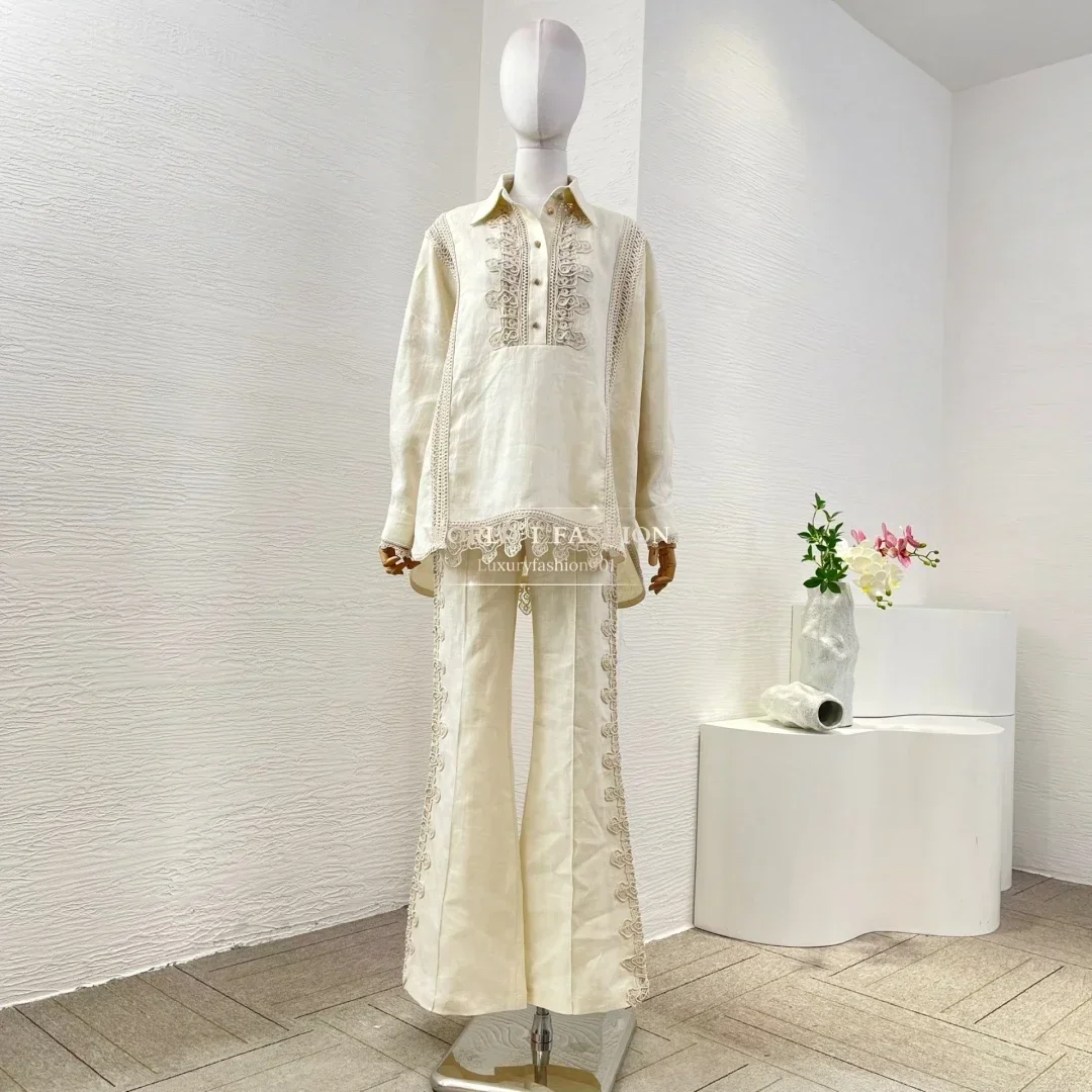 

Pure Linen Holiday High Quality 2025 Latest New Hollow Out Full Sleeve Blouse and Bootcut Pants Women Hot Set Outfit