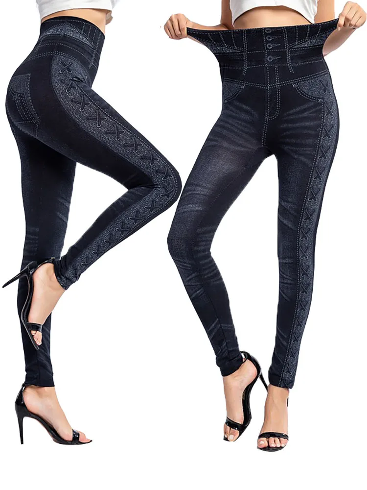 INDJXND Seite Druck Nahtlose Jeggings Push-Up Sport Faux Denim Hohe Taille Leggings Warme Elastische Frauen Hohe Taille Bleistift Hosen