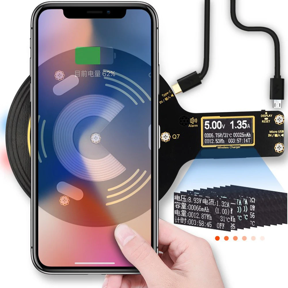 USB Fast Charging Parameter Tester with Wireless Charging and LCD Display for Real-Time Monitoring on Compatible Mobile Devices
