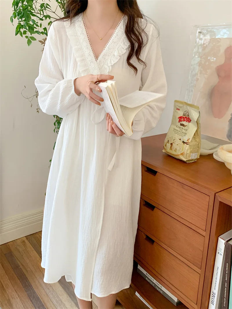 2024 Spring New Sleepwear Women\'s Pure Cotton Gauze Sweet V-neck Lace Spliced Pajamas Long sleeved Home Clothing