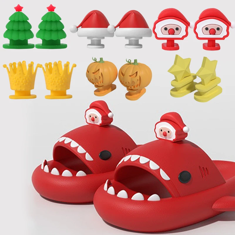 2pcs Christmas Cute Shoe Charms Decoration For Shark Slippers Xmas Halloween Funny Shark Sandals Fins Buckle Shoes Accessories