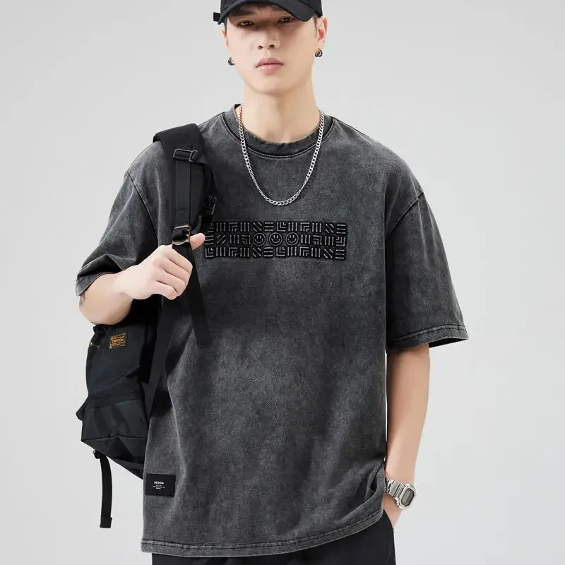 Summer Men's Short-sleeved T-shirt Pure Cotton Heavy American New Trend Old Retro Loose Half-sleeved Top Simple Men's Clothing